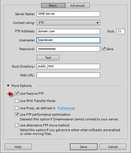 DreamWeaver - configure FTP connection